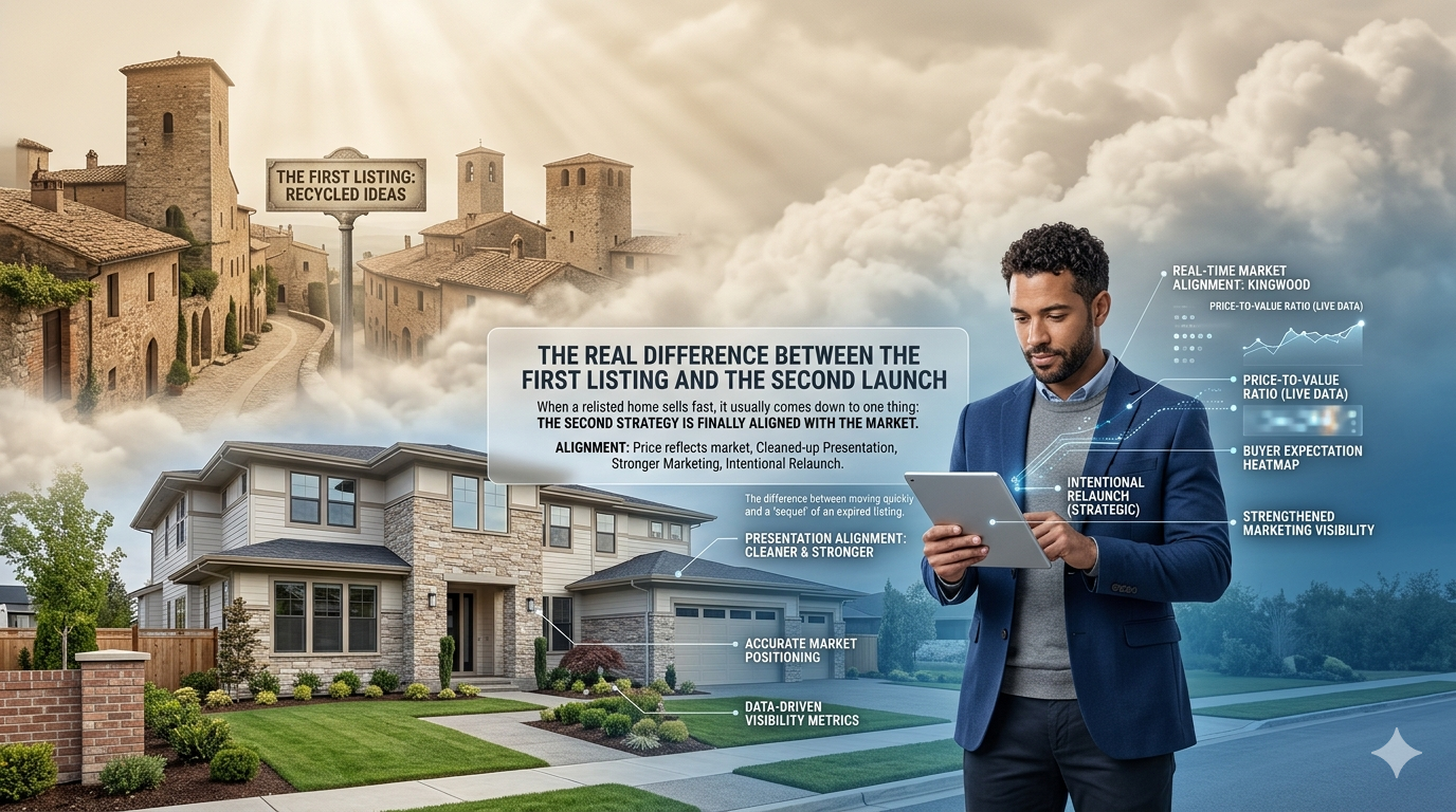 Real estate professional reviewing data on a tablet beside a relisted home, illustrating the difference between a failed first listing and a second launch aligned with the market through better pricing, presentation, and stronger marketing.