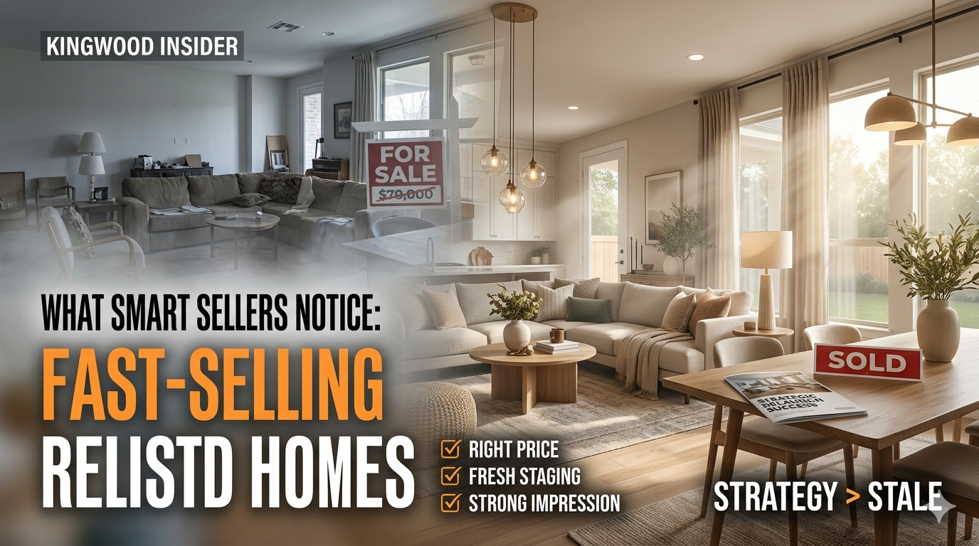 Kingwood real estate graphic comparing a stale first listing with a bright, updated relisted home, highlighting that fast-selling relisted homes use the right price, fresh staging, and a stronger first impression.