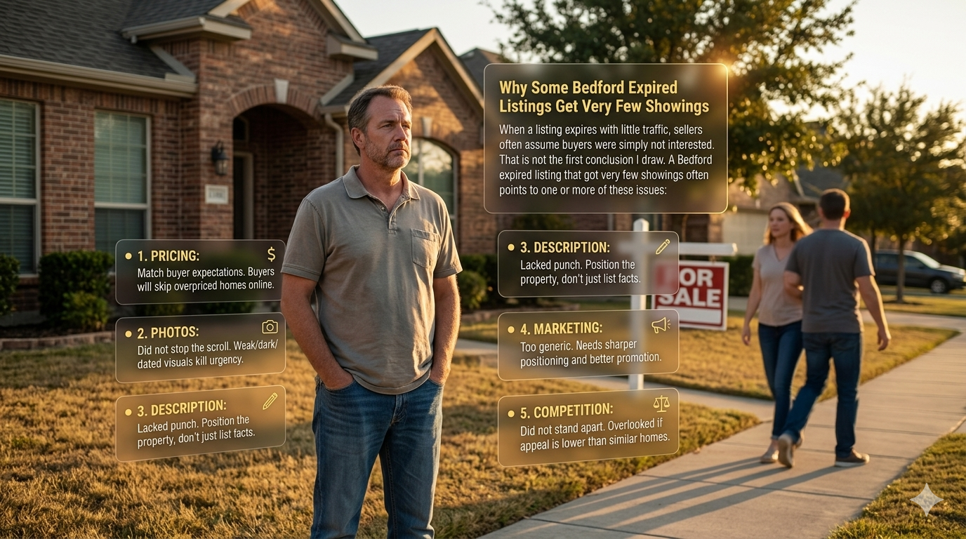 Kingwood real estate graphic showing why some relisted homes sell fast, featuring a surprised homeowner pointing at a laptop with an expired listing changed to relisted under contract and a reduced time on market.