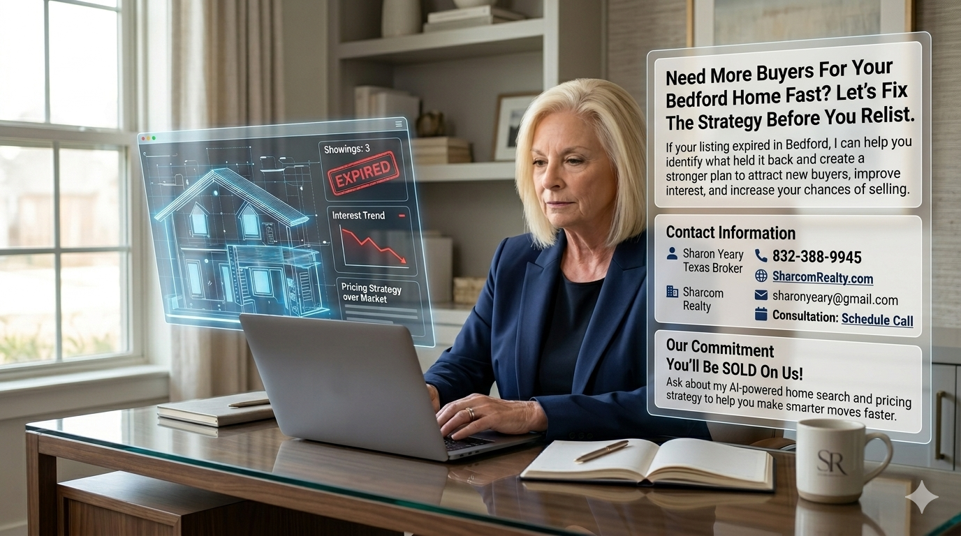Sharon Yeary of Sharcom Realty working on a laptop with expired listing analytics and contact information, promoting a Bedford home relisting strategy to attract more buyers and improve selling results.
