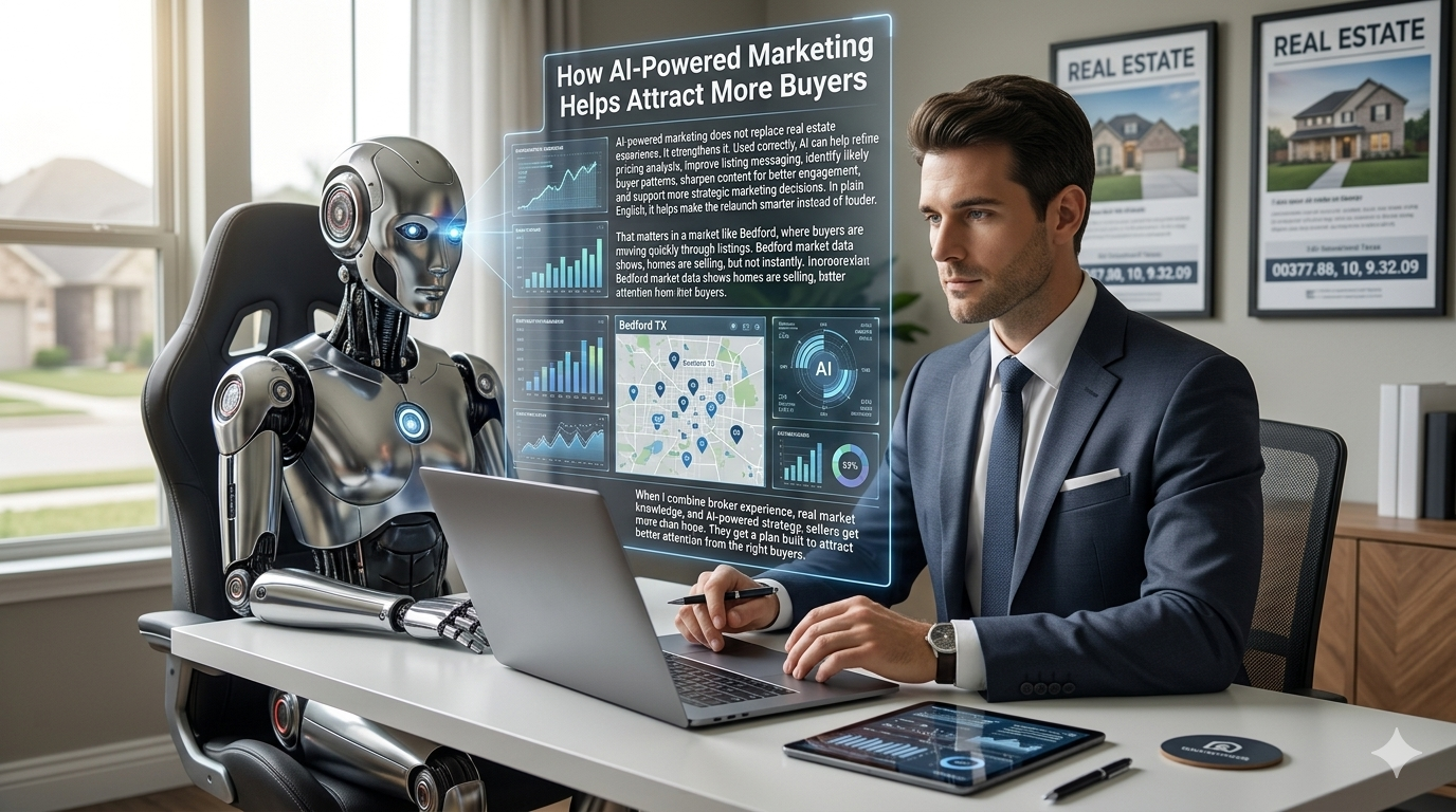Real estate professional using AI-powered marketing tools and data dashboards to attract more buyers, shown in a modern office with real estate analytics and buyer targeting visuals.