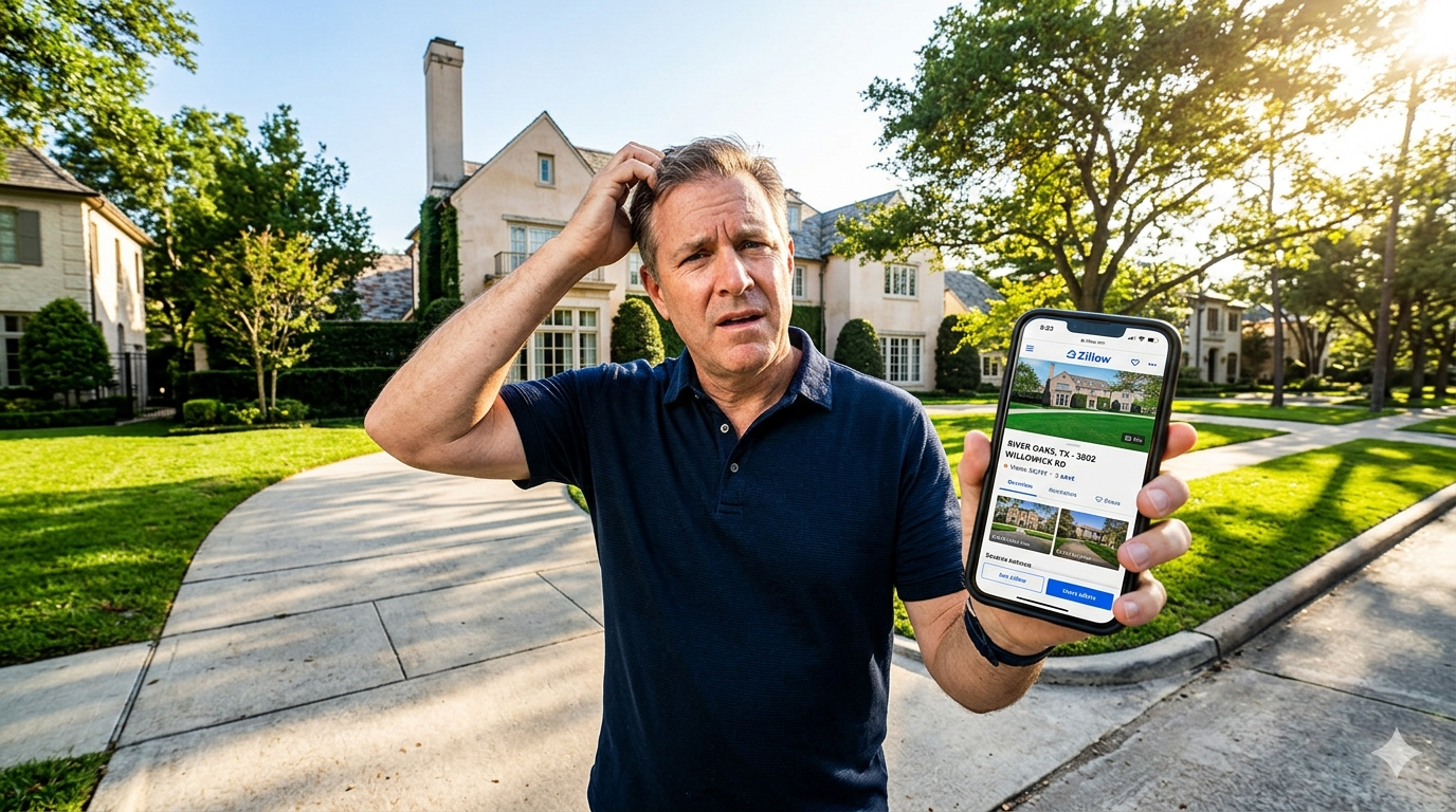 Confused homeowner standing outside luxury home while looking at online home value estimate on smartphone