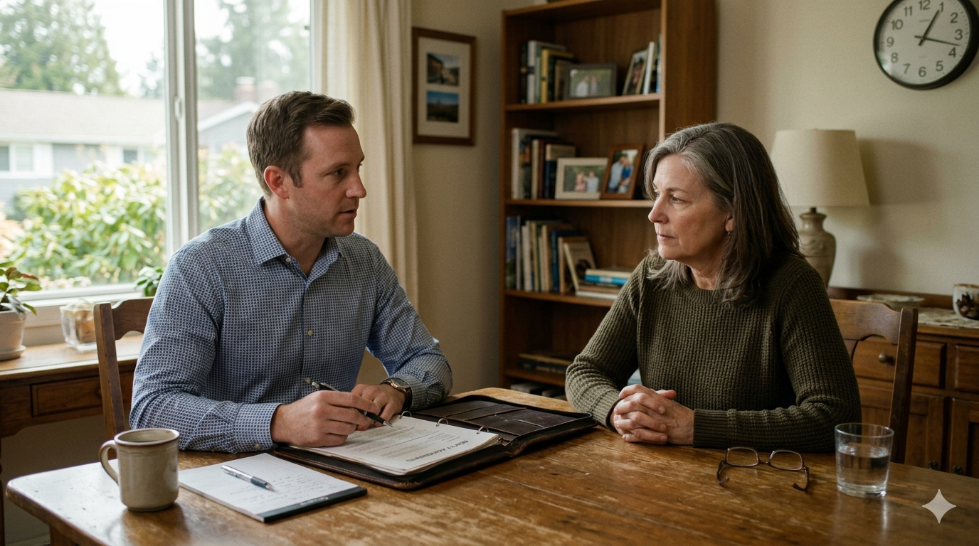 Real estate agent meeting with homeowner at dining table to discuss home selling strategy and paperwork