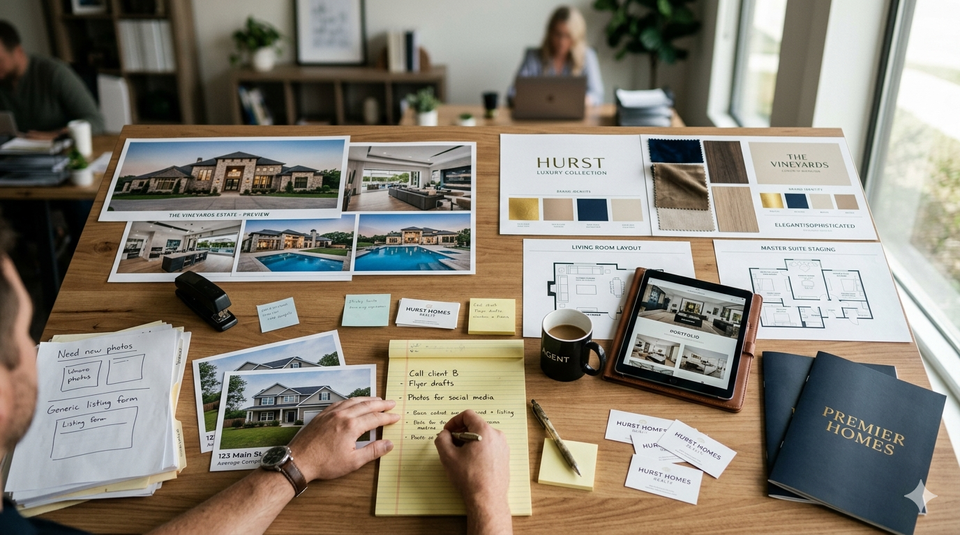 Luxury home marketing plan with listing photos, staging layouts, branding materials, and real estate strategy notes on a desk