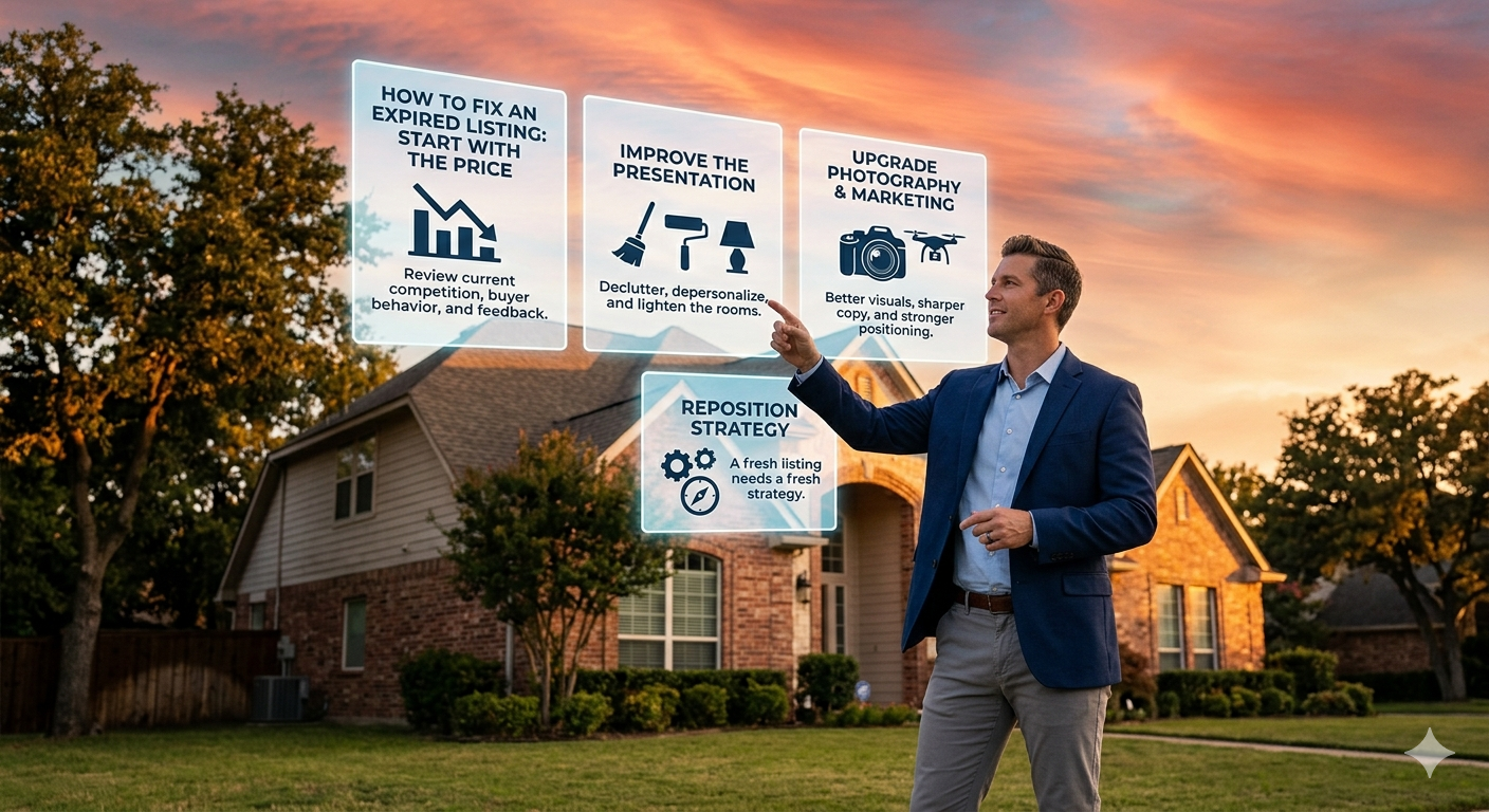 Real estate agent presenting strategies to fix an expired listing, including pricing, staging, photography, and marketing