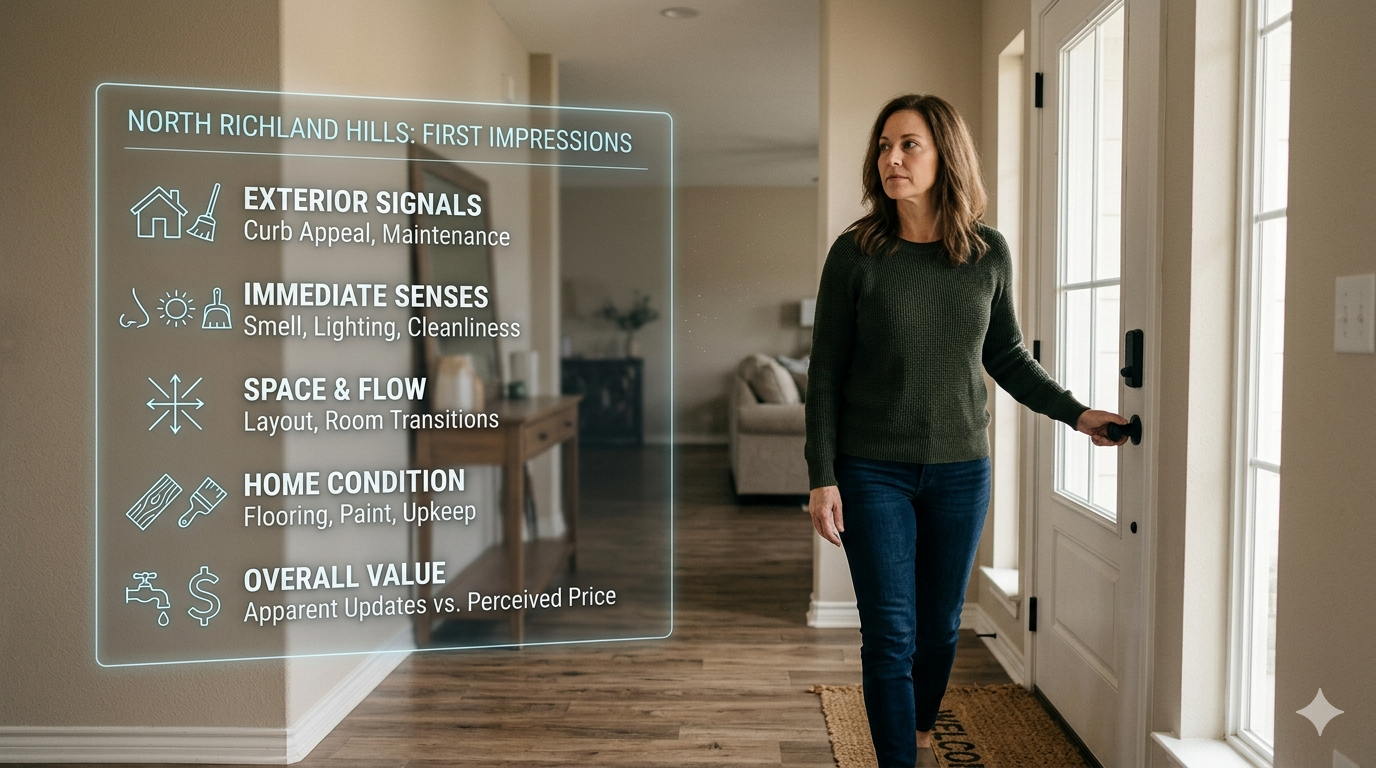 North Richland Hills home showing first impressions checklist with seller evaluating entryway, cleanliness, layout, condition, and value