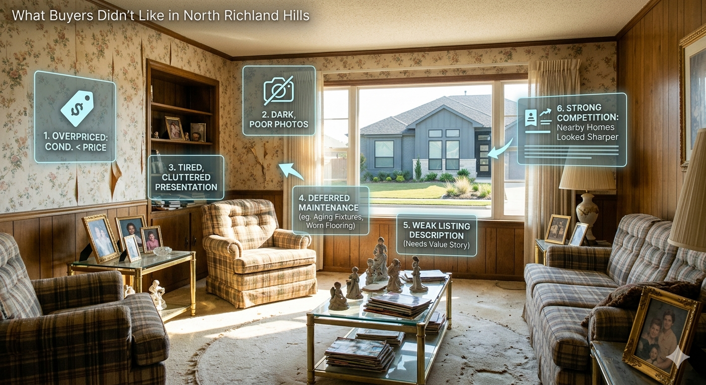 North Richland Hills home interior showing reasons buyers rejected a listing, including overpricing, poor photos, clutter, deferred maintenance, and strong competition