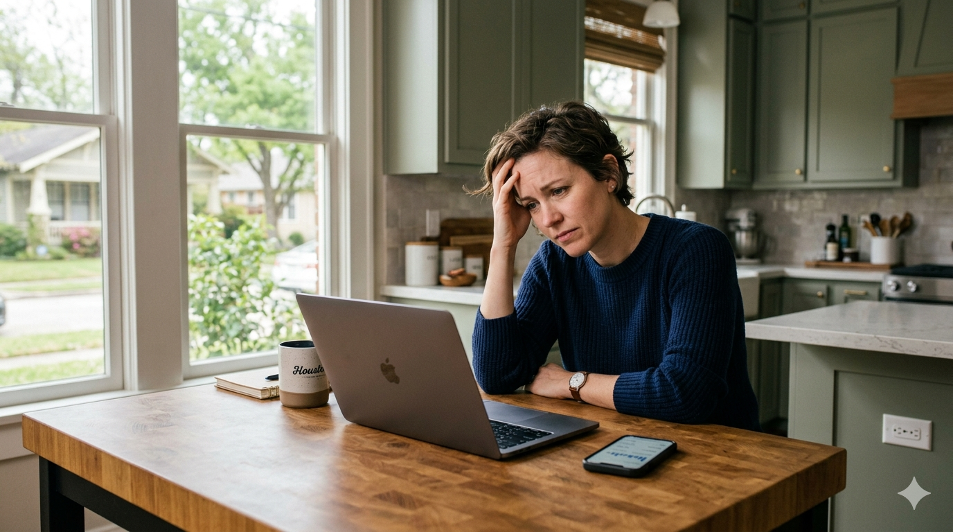 Concerned homeowner sitting at kitchen table looking at laptop while reviewing home selling information