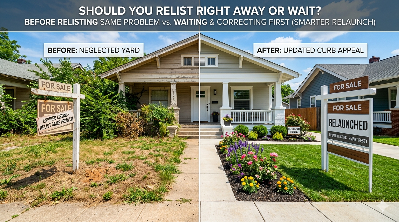 Before and after home relisting graphic showing neglected yard versus updated curb appeal for a smarter listing relaunch