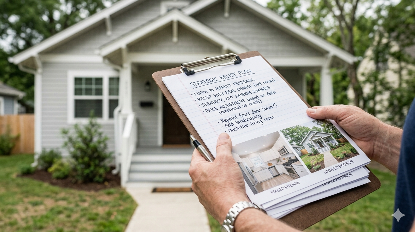 Strategic relist plan clipboard in front of home showing pricing, updates, staging, and marketing improvements before relisting