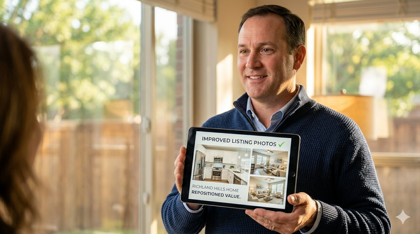 Real estate agent showing improved listing photos on tablet during a home selling consultation