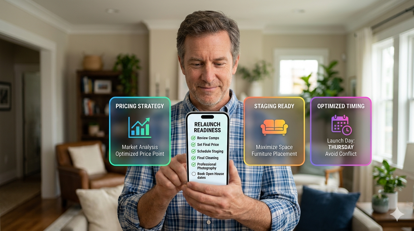 Home seller using smartphone relaunch checklist with pricing strategy, staging prep, and optimized timing before relisting a home