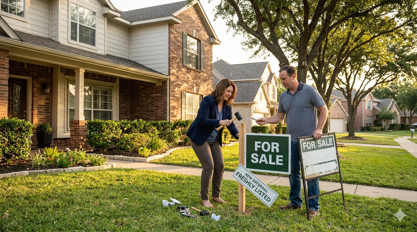 Home sellers installing a for sale sign in front yard while preparing to relist their home in a suburban neighborhood