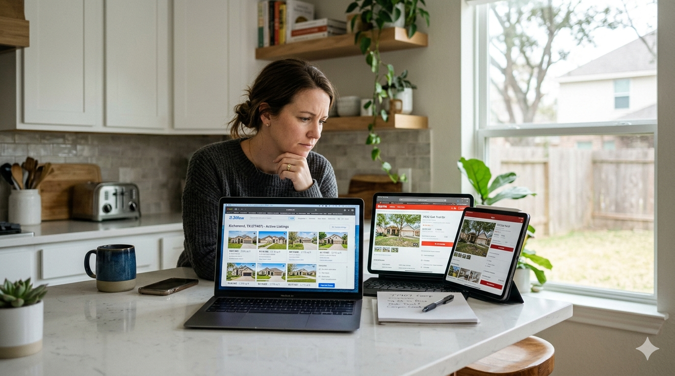 Home seller researching active listings and comparable homes online from kitchen counter before relisting a property