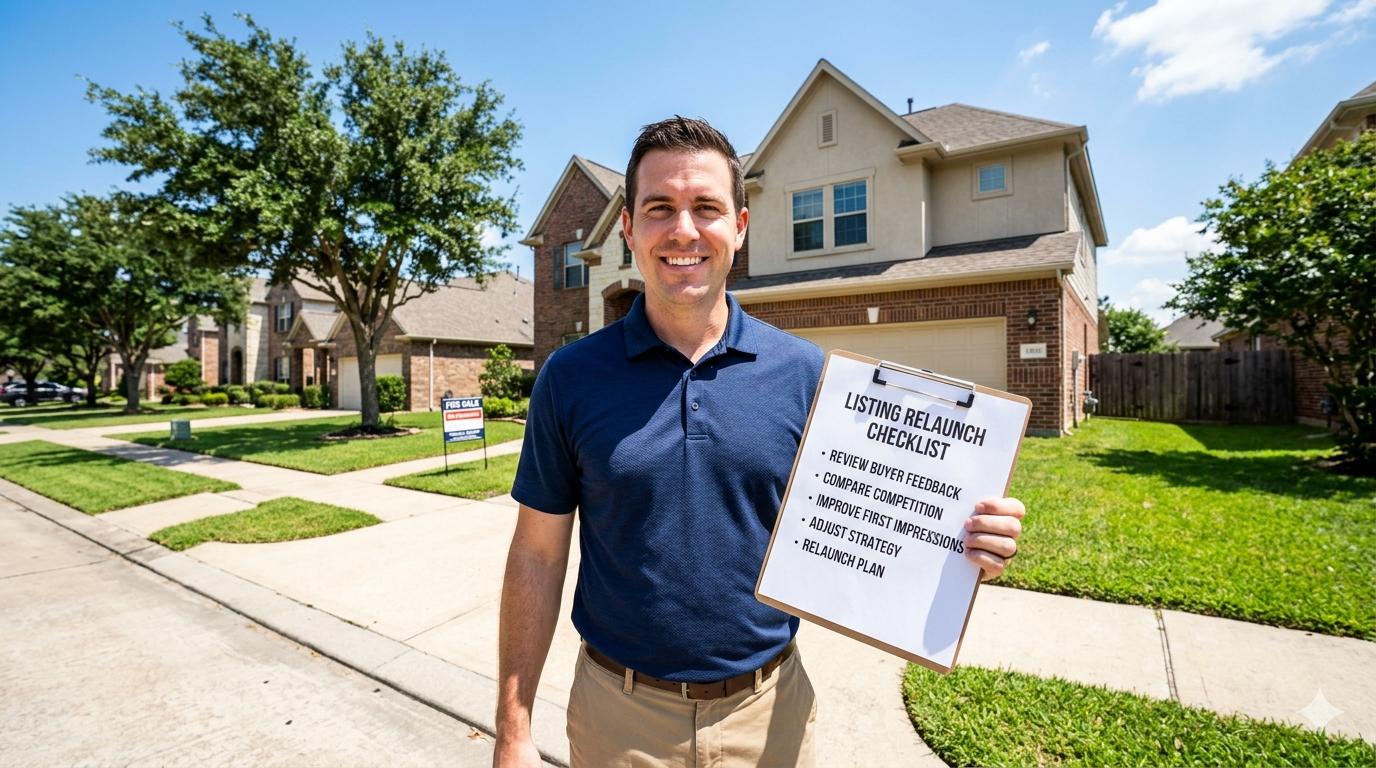 Home seller holding a listing relaunch checklist in front of suburban home while preparing to return property to market