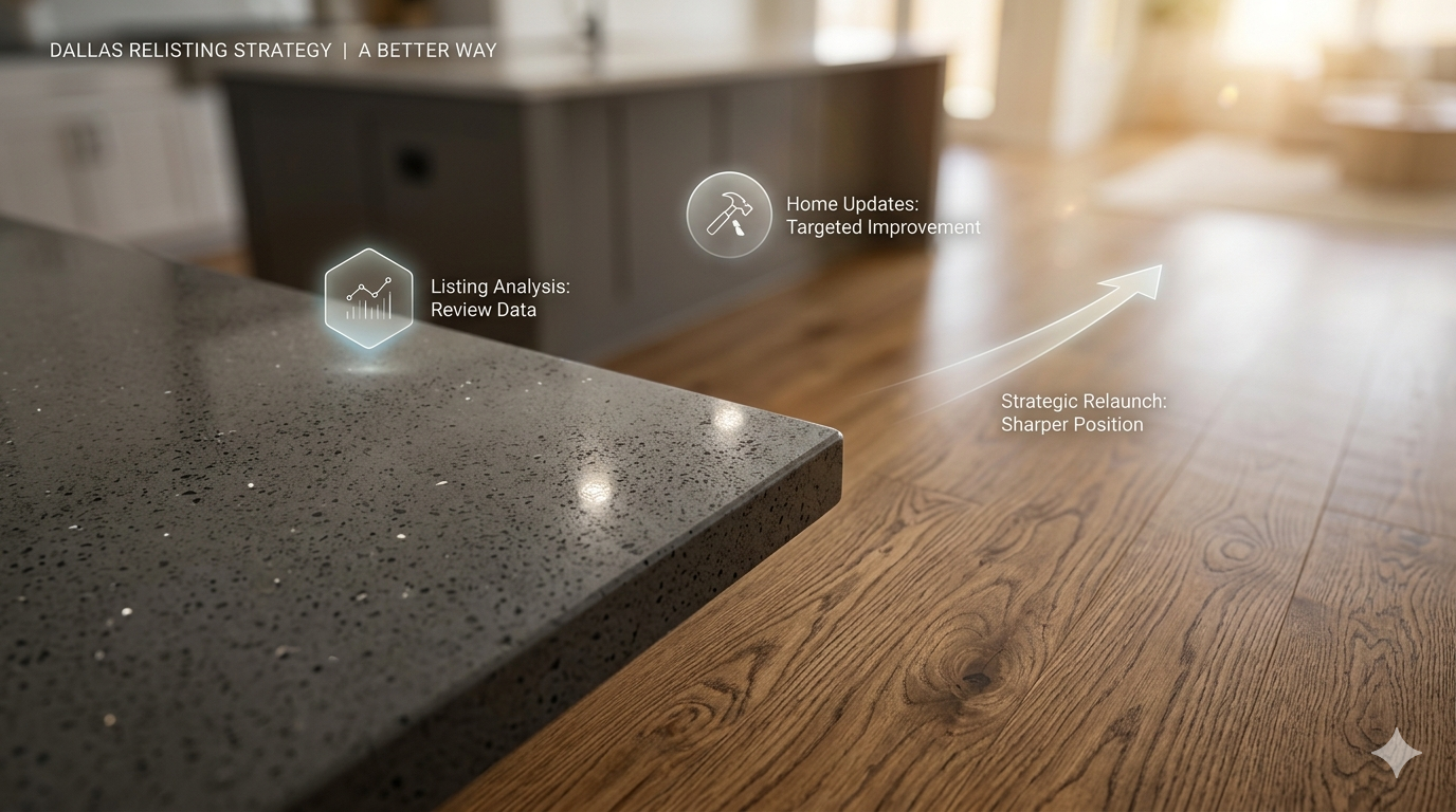 Dallas relisting strategy graphic showing home updates, listing analysis, and strategic relaunch positioning in a staged interior