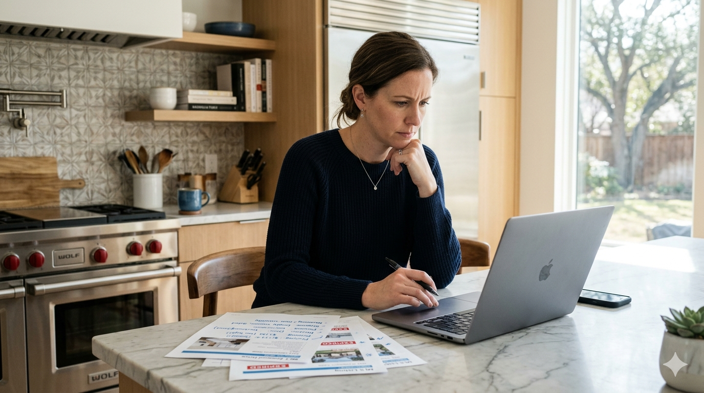 Home seller reviewing expired listing paperwork and market data on a laptop at a kitchen island