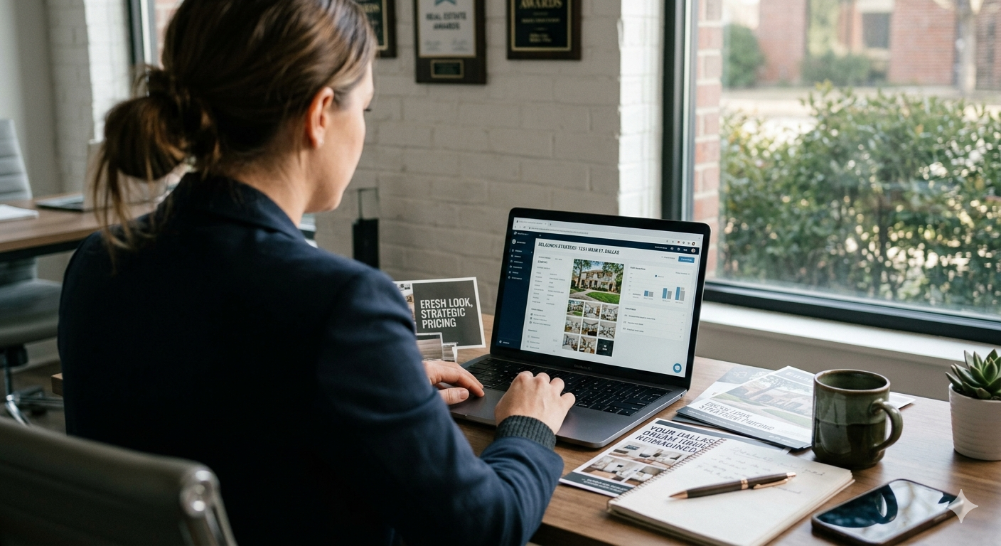 Real estate professional reviewing listing analytics, pricing strategy, and property photos on a laptop in an office setting