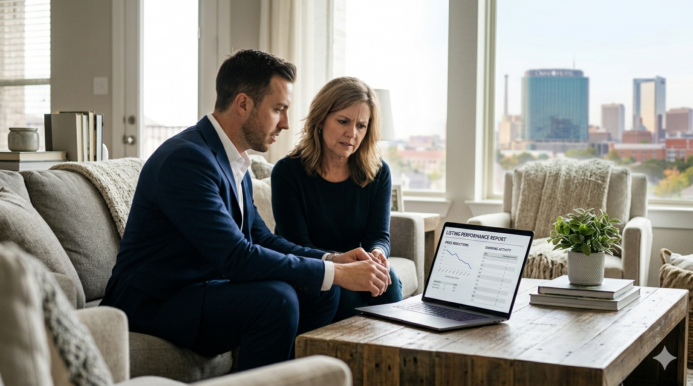 Realtor meeting with a concerned home seller in Fort Worth to review listing performance, buyer activity, and pricing strategy on a laptop.