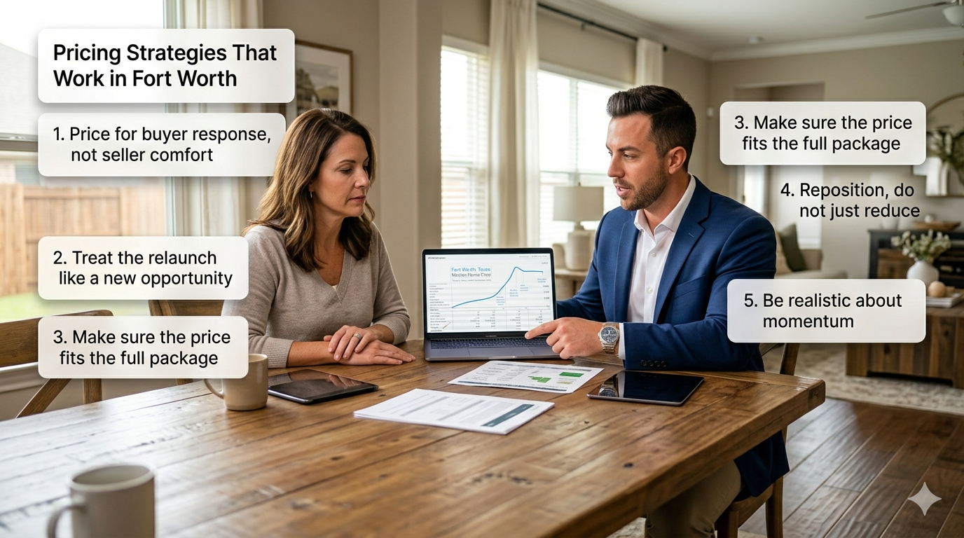 Realtor meeting with a home seller in Fort Worth to explain pricing strategies, relaunch planning, market positioning, and realistic expectations for selling a home.
