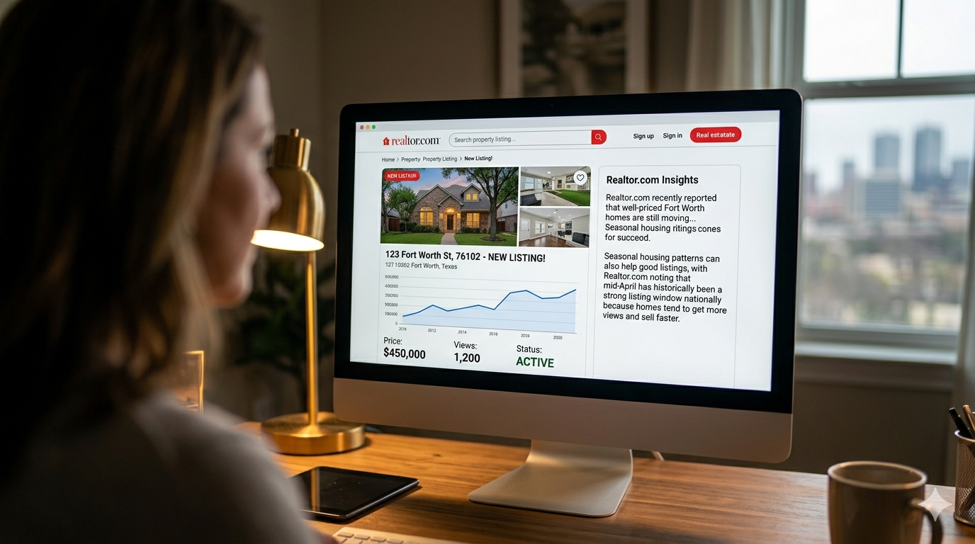 Woman reviewing an active Fort Worth home listing on Realtor.com at a desktop computer, showing property photos, price, views, and market insights in a home office