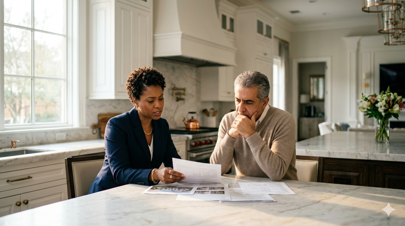 Real estate agent reviewing home listing documents, pricing details, and marketing materials with a concerned seller at a kitchen island in a bright luxury home.