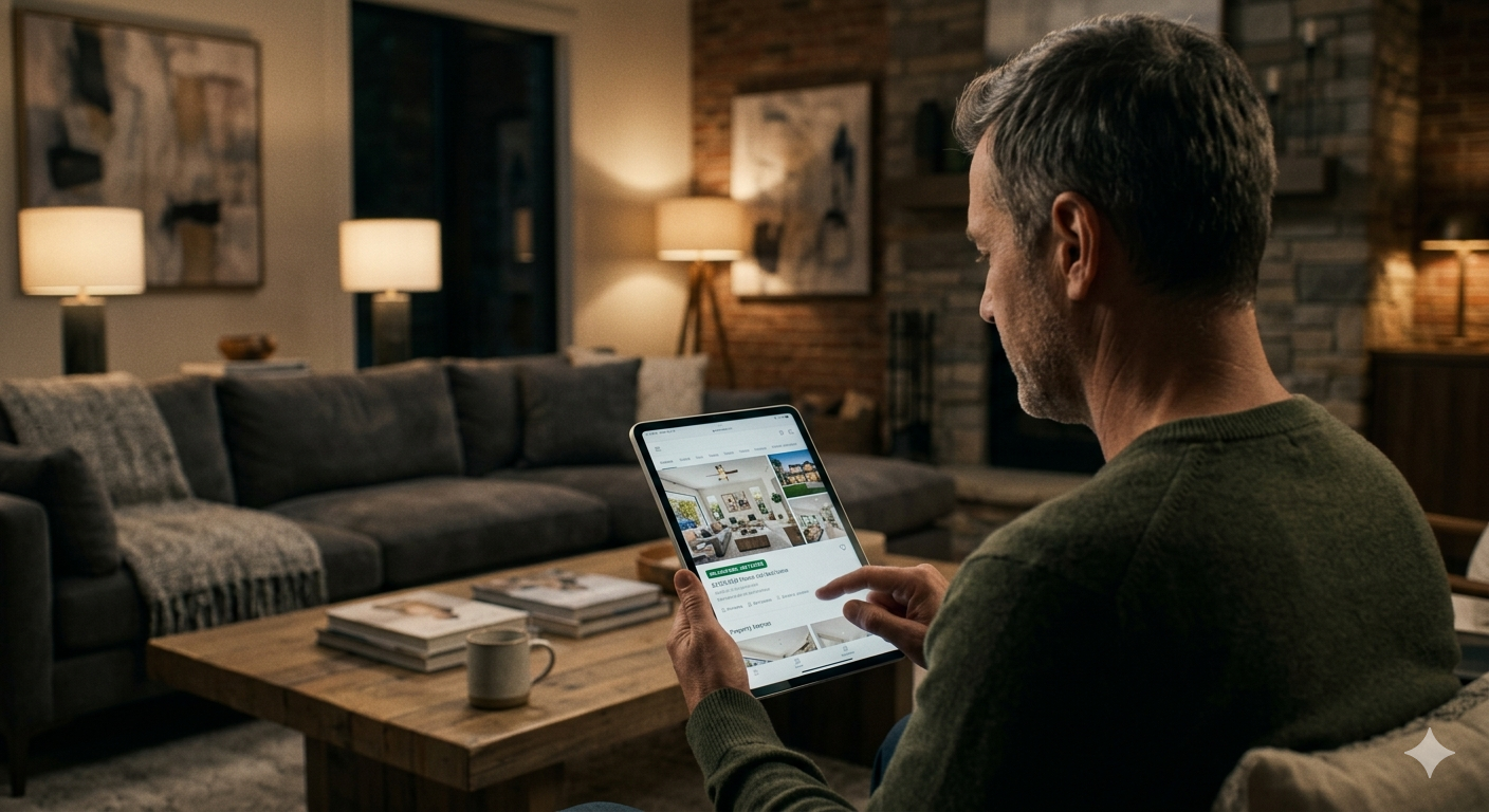 Homeowner browsing a real estate listing on a tablet in a cozy living room, reviewing property photos, home details, and market information at night.