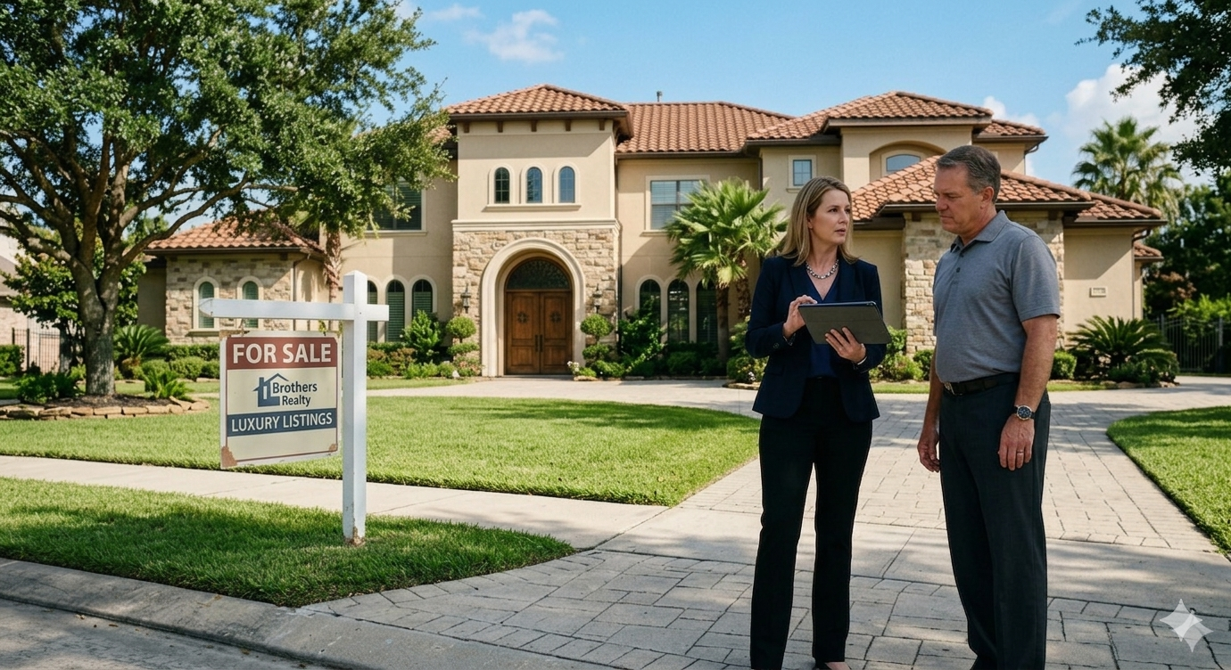 Luxury home seller meeting with a real estate agent in front of an upscale property with a for sale sign, discussing pricing, marketing strategy, and next steps for the listing.