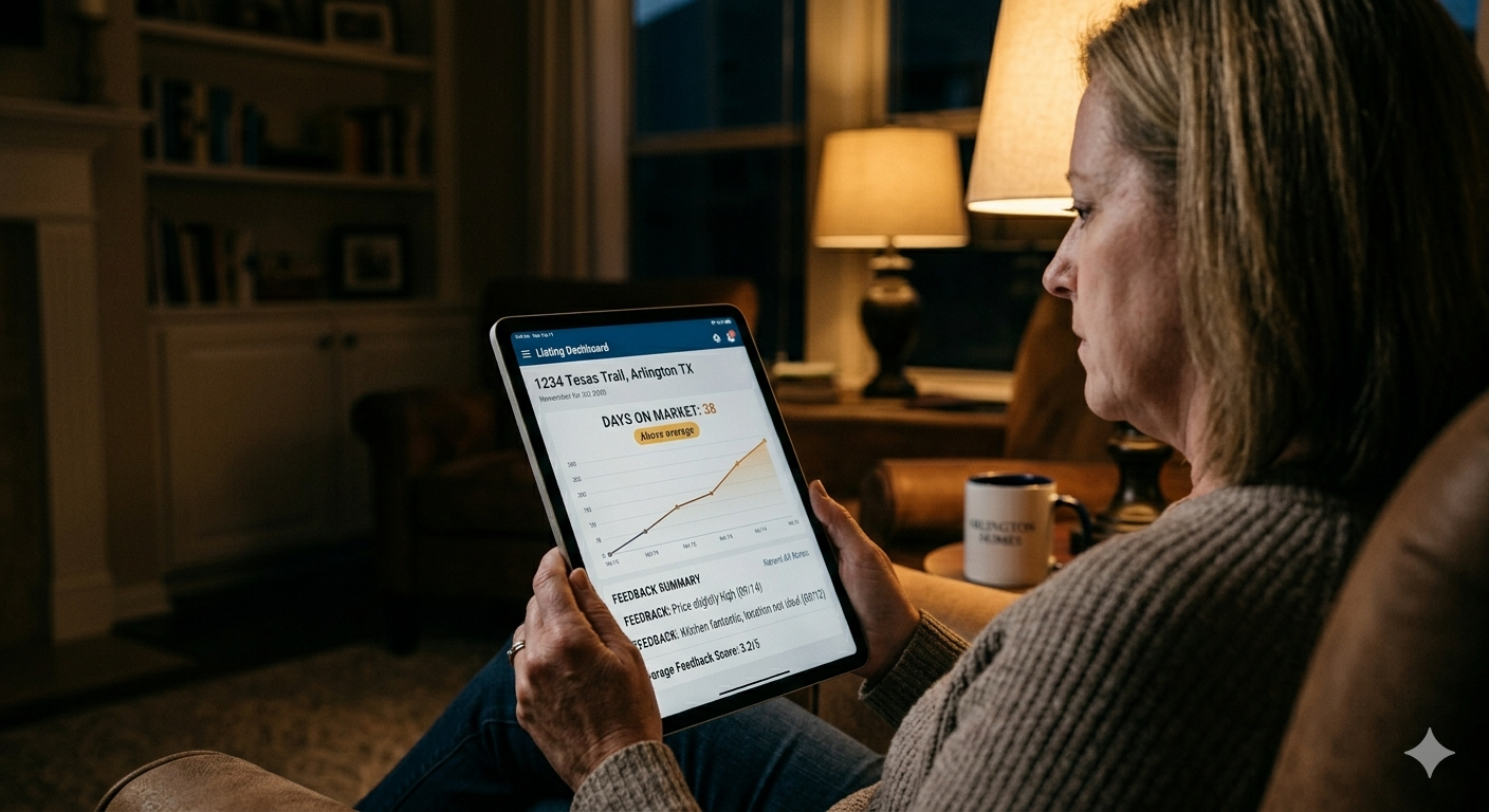 Arlington TX home seller reviewing listing dashboard data on a tablet, including days on market, pricing feedback, and showing performance in a cozy living room at night.