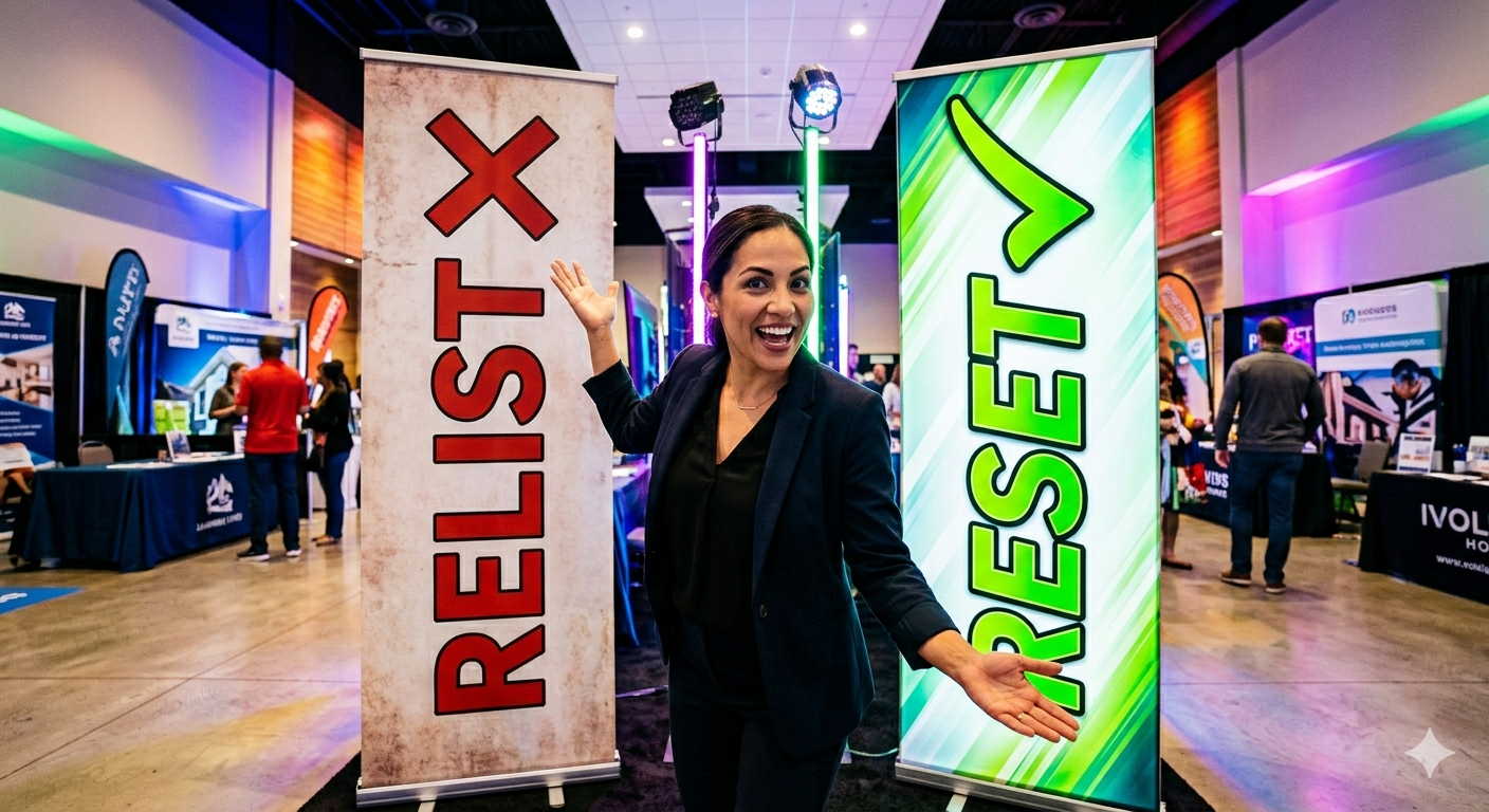 Trade show presenter standing between “relist” and “reset” banners, illustrating a fresh strategy and new direction for relaunching a real estate listing.