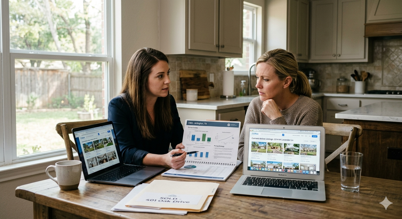 Arlington TX real estate agent reviewing CMA data, active listings, and sold comps with a home seller at a kitchen table to discuss pricing and market strategy.