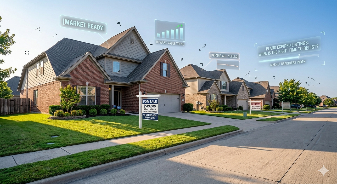 Plano TX neighborhood home for sale with market-readiness graphics, pricing adjustment prompts, and expired listing relist strategy insights on a sunny suburban street.