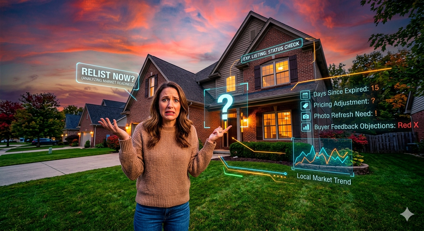 Worried homeowner standing in front of expired listing home at sunset with market analysis graphics showing relist timing, pricing changes, buyer feedback, and local market trends.