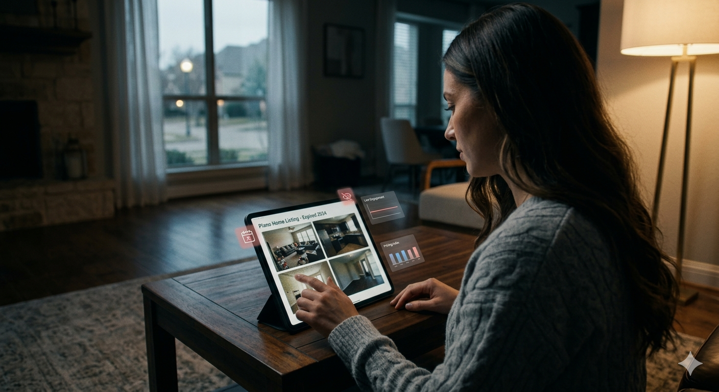 Plano expired listing seller reviewing home listing photos and pricing data on tablet before relaunching home for sale.