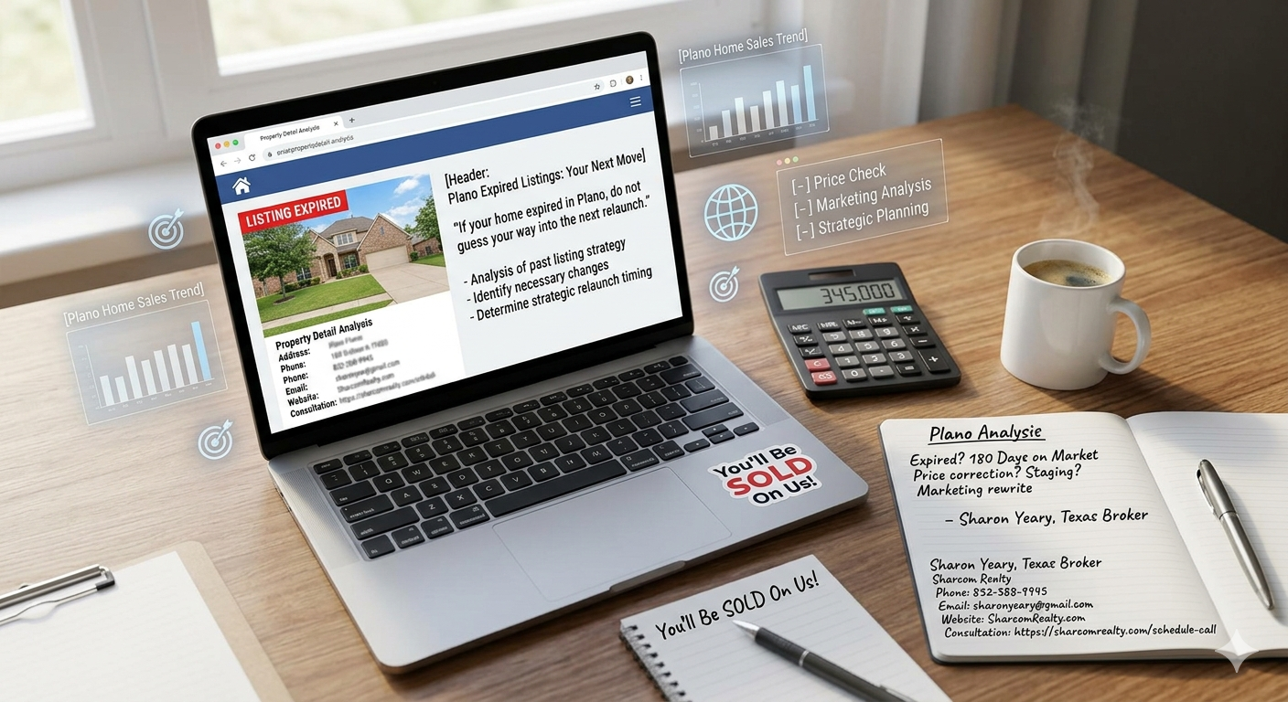 Plano expired listings strategy image showing laptop analysis, pricing review, marketing checklist, and relaunch planning for home sellers.