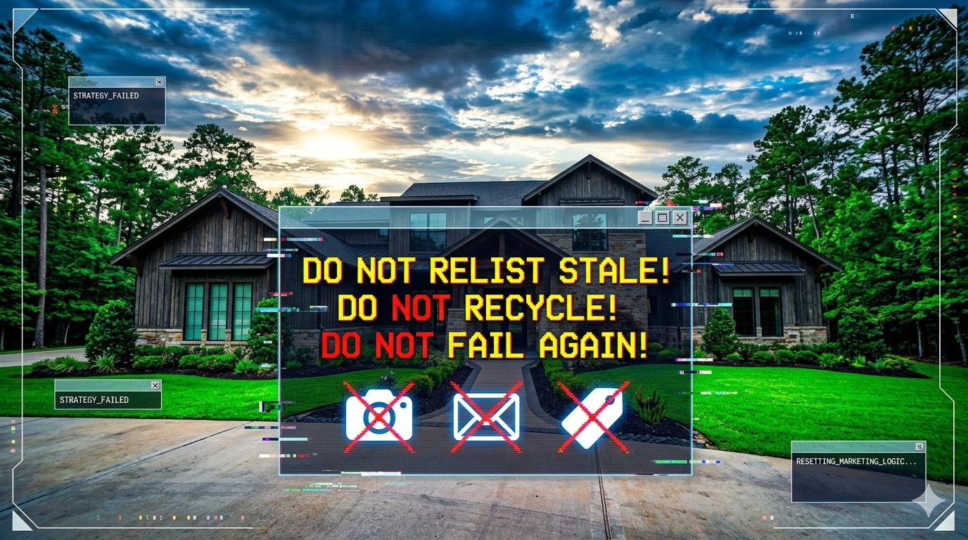 Modern luxury home with bold warning text urging sellers not to relist an expired listing with the same stale marketing, featuring glitch-style graphics and crossed-out icons for failed real estate strategy.