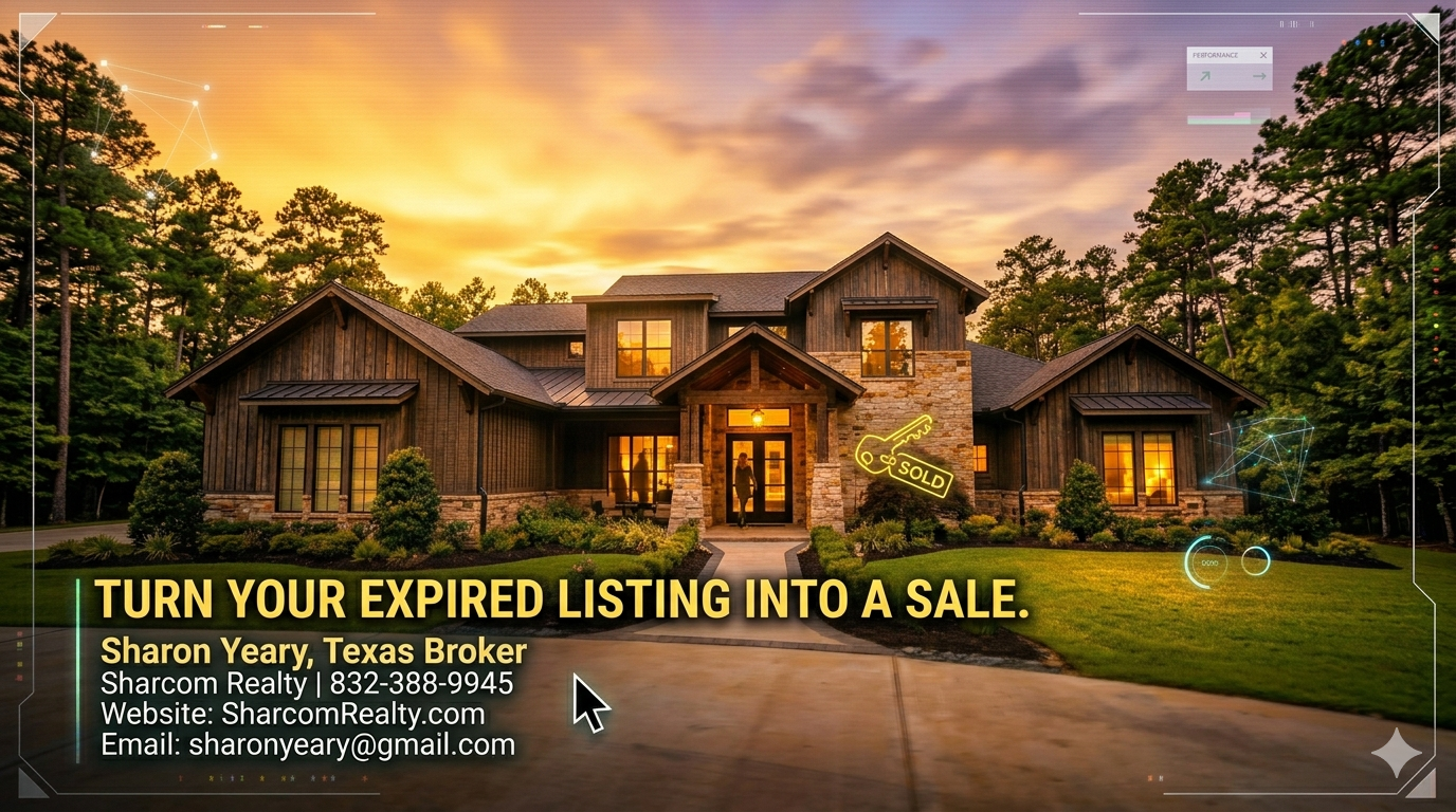 Luxury home at sunset with bold text promoting expired listing services, featuring Sharon Yeary of Sharcom Realty and contact details for turning an expired listing into a successful home sale.