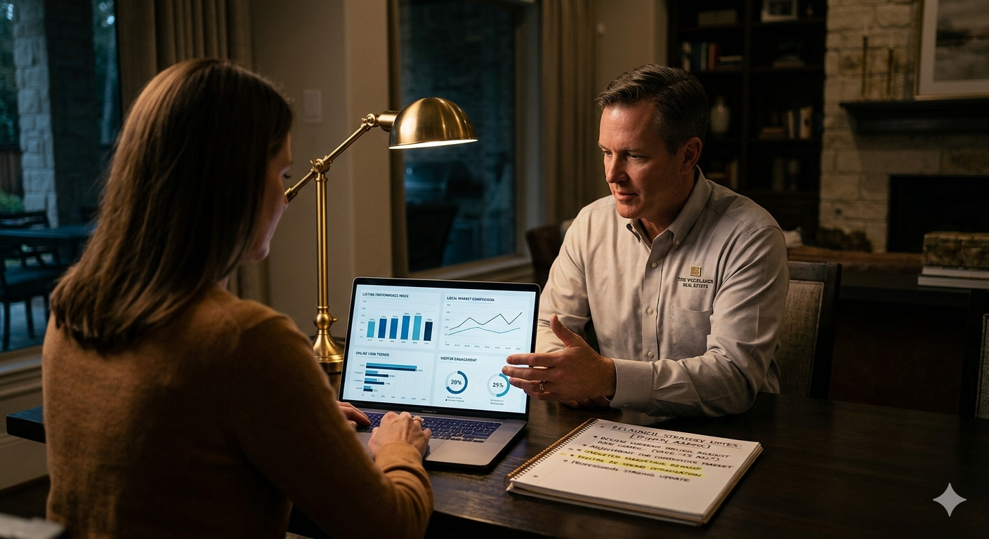 Real estate agent meeting with a homeowner at a dining table, reviewing market charts on a laptop and discussing a relaunch strategy for a home listing in a warmly lit living room.