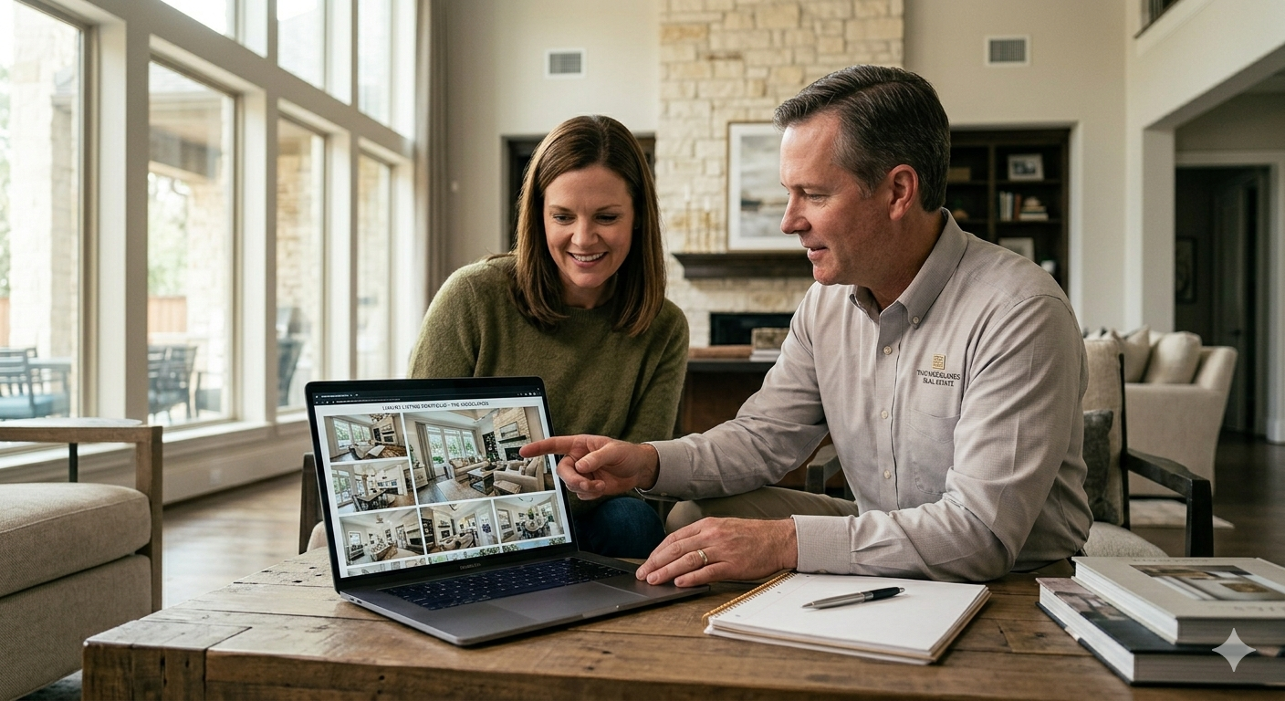 Home seller meeting with a real estate professional in a bright luxury living room, reviewing listing photos on a laptop and discussing home marketing strategy at a wooden coffee table.