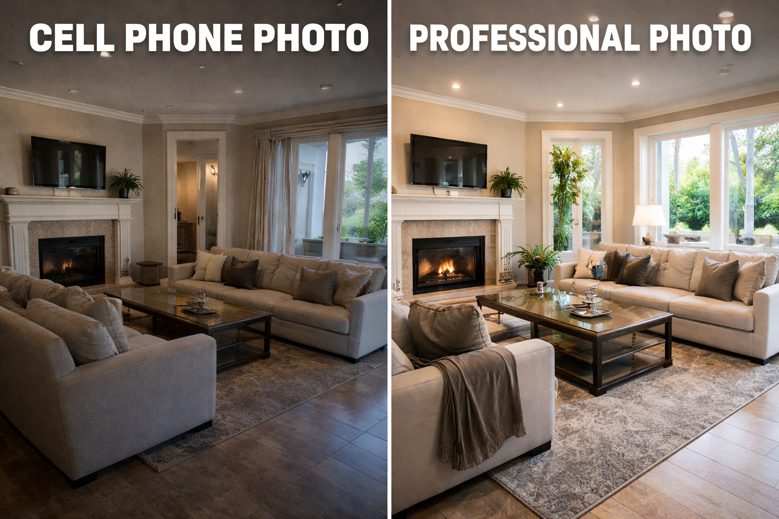 Professional real estate comparison graphic showing a living room photographed with a cell phone versus a professional camera, highlighting brighter lighting, sharper detail, and more polished presentation for home marketing.