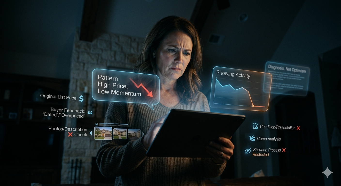 AI-powered real estate analysis showing homeowner reviewing expired listing data, buyer feedback, pricing issues, showing activity, and home presentation concerns on a tablet.