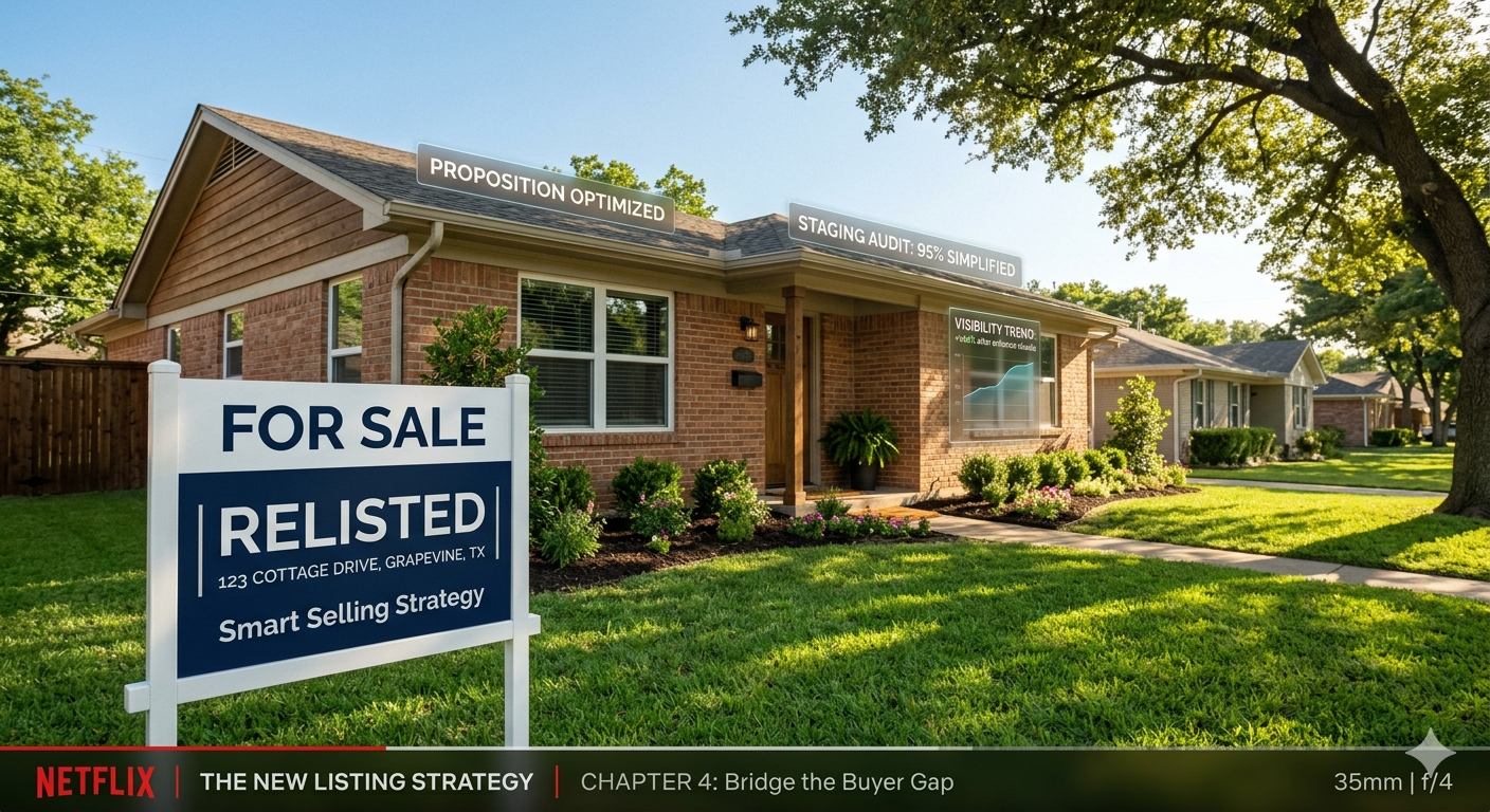 Relisted Grapevine TX home with for sale sign showing smart selling strategy, staging improvements, pricing optimization, and updated listing visibility.