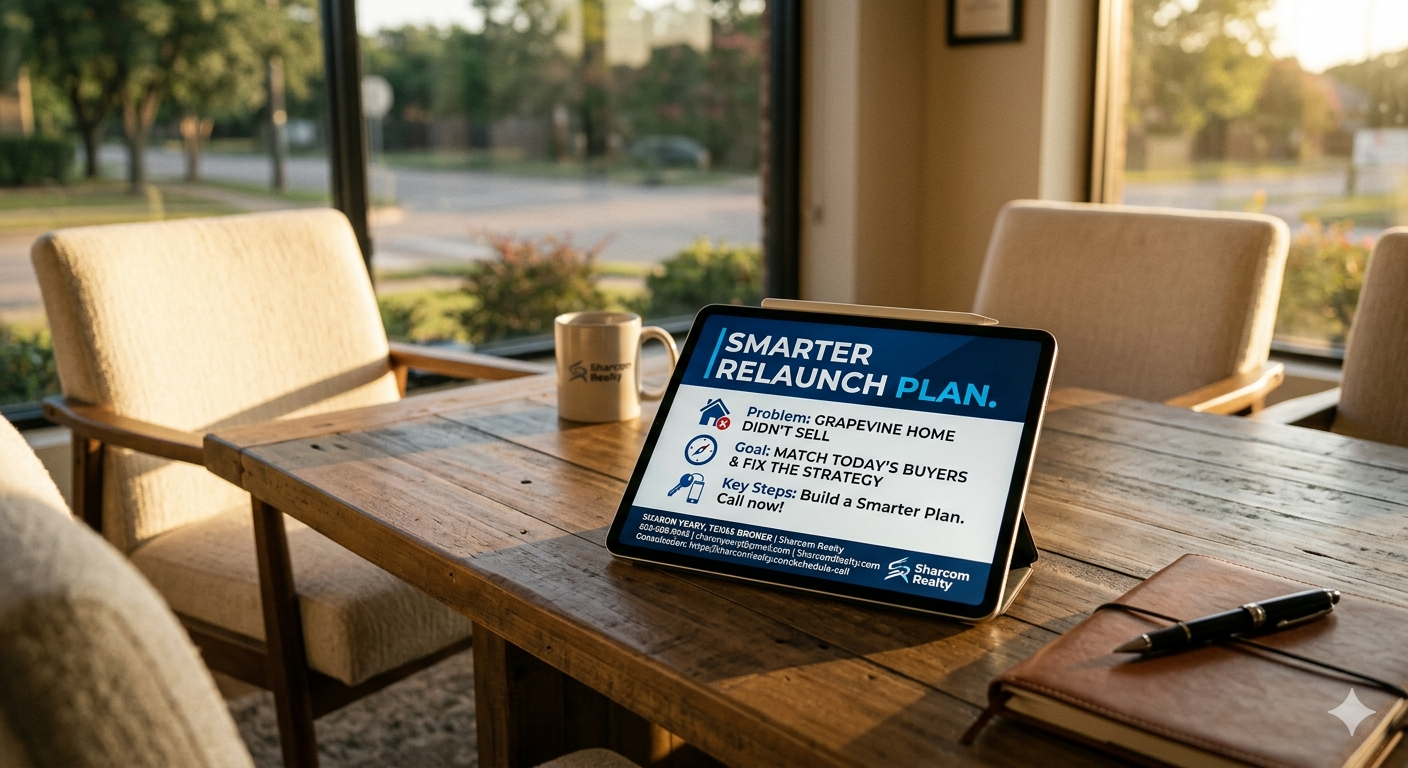 Tablet on a rustic meeting table displaying a “Smarter Relaunch Plan” for a Grapevine home that did not sell, with Sharcom Realty branding, a coffee mug, notebook, and warm sunlight through large office windows.