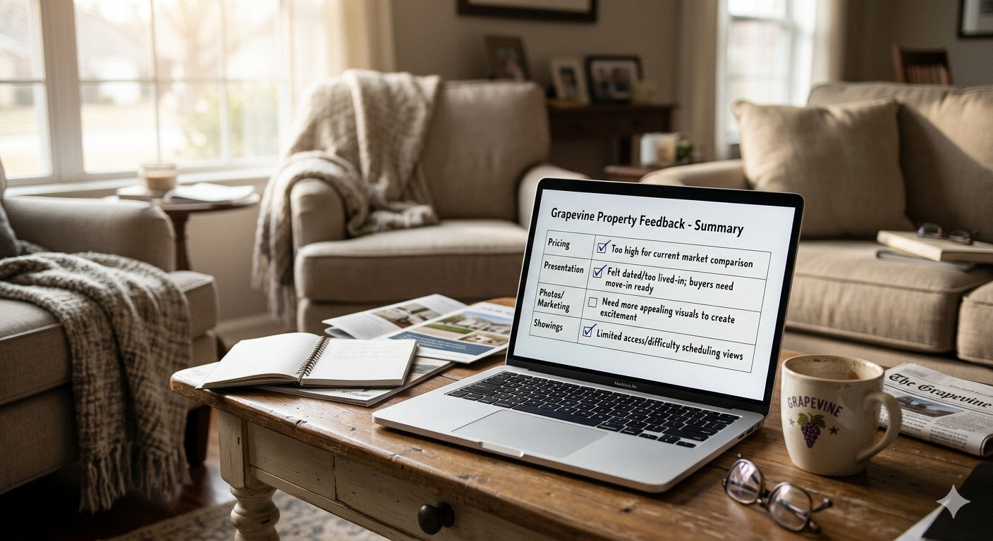 Cozy living room scene with a laptop on a rustic coffee table displaying a Grapevine property feedback summary, surrounded by marketing materials, notebook, coffee mug, and soft natural light.