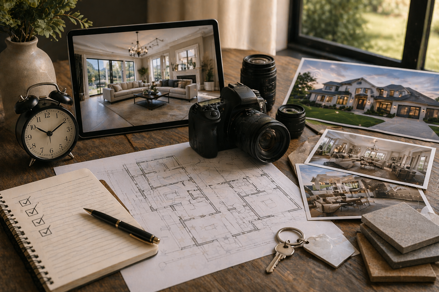 Luxury real estate marketing planning desk with professional camera, property photos, home floor plan, checklist, keys, and tablet displaying staged interior images. Luxury real estate marketing planning desk with professional camera, property photos, home floor plan, checklist, keys, and tablet displaying staged interior images.