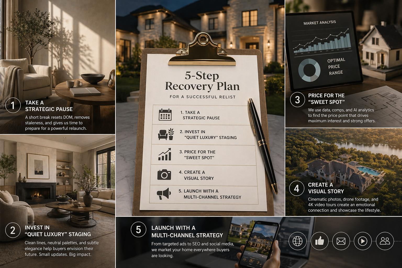 Luxury home relisting infographic showing a 5-step recovery plan for a successful relist, including strategic pause, quiet luxury staging, pricing in the sweet spot, creating a visual story, and launching with a multi-channel marketing strategy. Luxury home relisting infographic showing a 5-step recovery plan for a successful relist, including strategic pause, quiet luxury staging, pricing in the sweet spot, creating a visual story, and launching with a multi-channel marketing strategy.