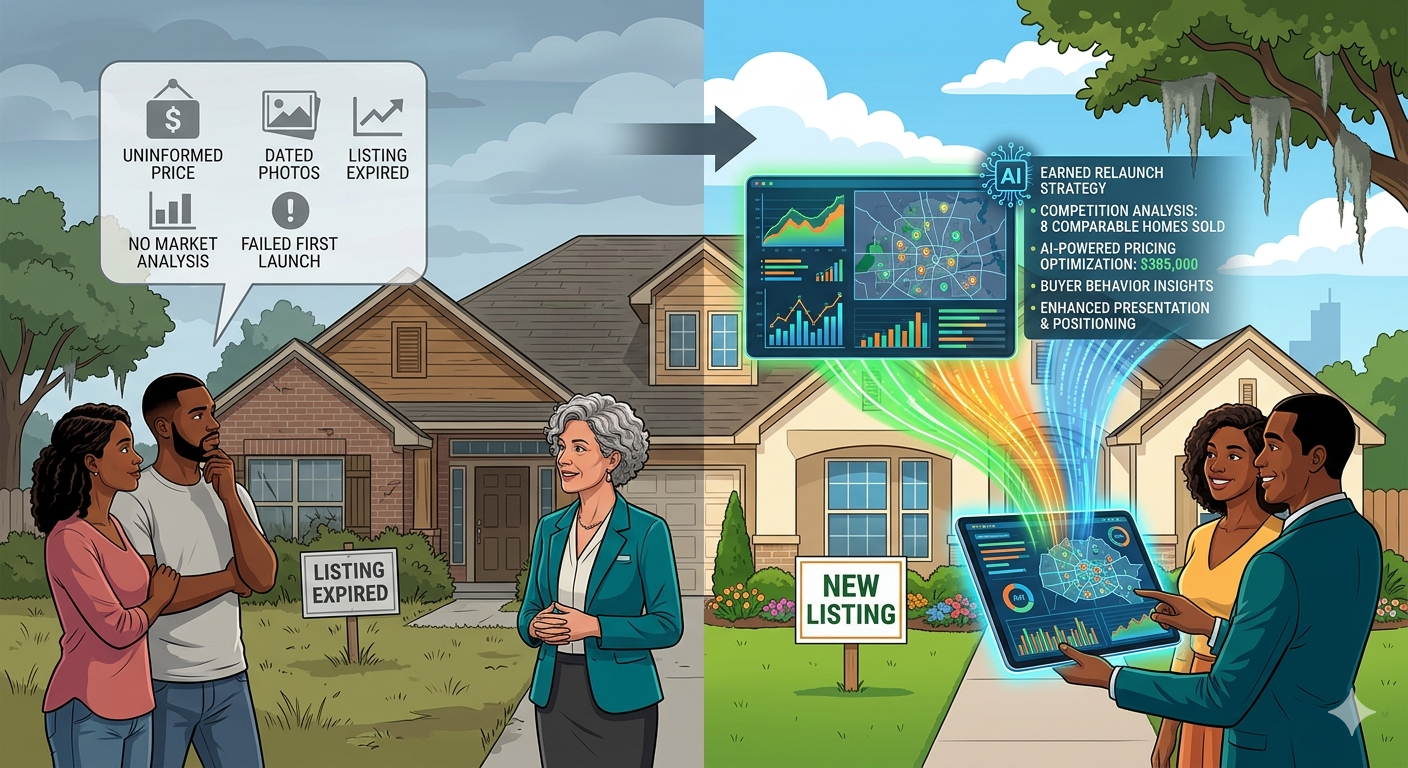 Illustration showing homeowners moving from an expired listing caused by poor pricing, dated photos, and weak market analysis to a successful relaunch strategy using AI-powered pricing, competition analysis, stronger presentation, and a fresh new listing.