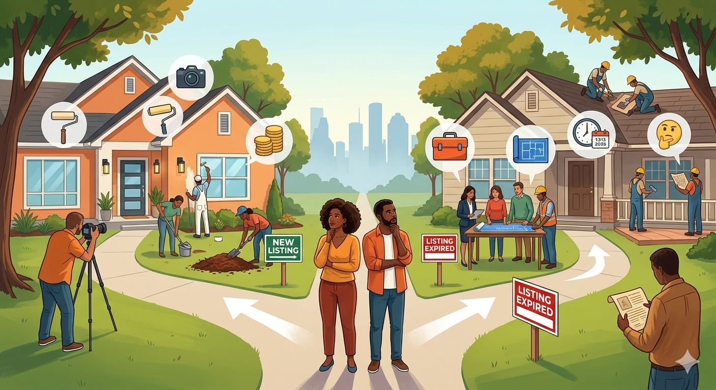 Illustrated comparison of a fresh new home listing being prepared with photography, paint, landscaping, and marketing versus an expired listing needing repairs, planning, and strategy, while homeowners consider the best path to relist successfully.