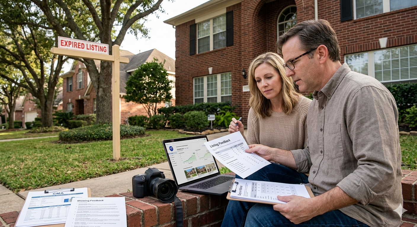 Homeowners review listing feedback, market data, and marketing materials outside a brick home with an expired listing sign, planning a smarter strategy to relist and sell the property successfully.