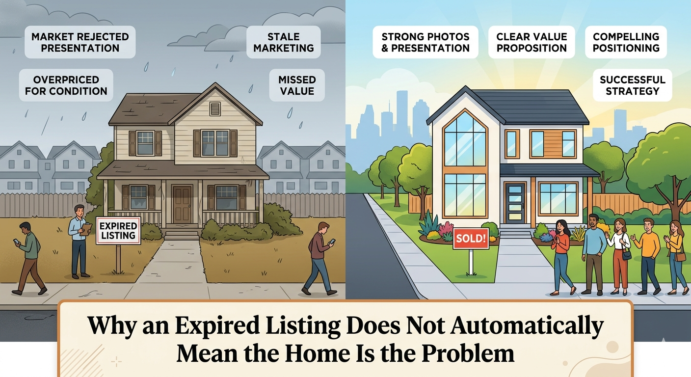Side-by-side real estate illustration showing an expired listing home on a gloomy day versus a successfully sold home in a bright market, highlighting pricing, presentation, marketing, value proposition, and positioning as reasons an expired listing is not always the home’s fault.